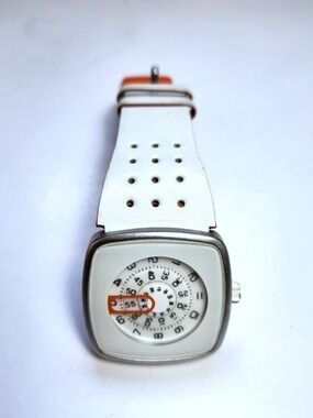 Vintage Next Big Tic Style Watch 495165 White Leather Cuff Orange Disc Y2K 2006